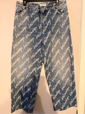 Balenciaga Blue Denim Jeans with White Script Logo - Relaxed